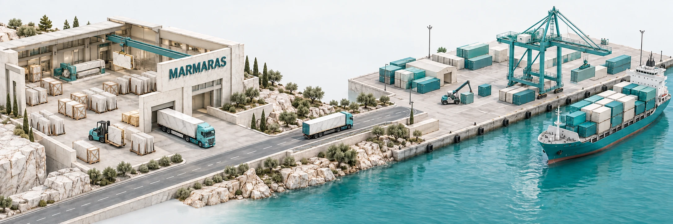 Illustrated journey from a marble factory, via truck and container terminal, to a cargo ship