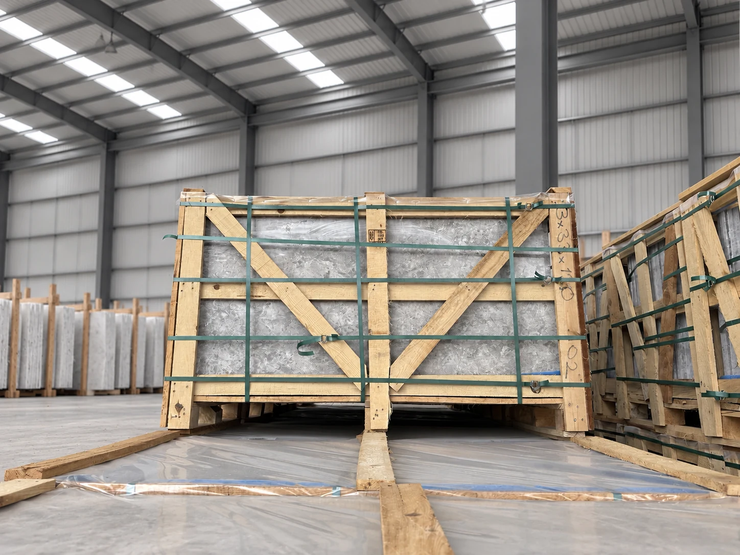 Tundra Grey marble in shipping crate