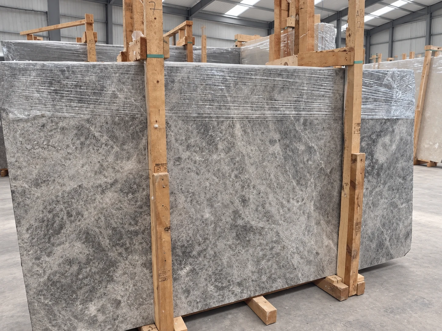 Turkish Tundra Grey marble slab bundles in warehouse