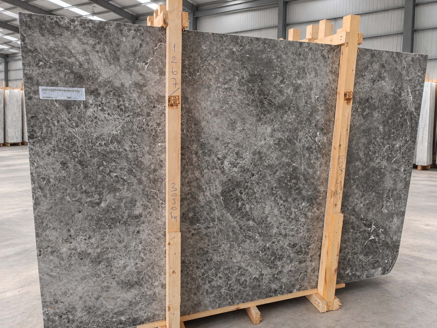 Turkish Tundra Grey marble slab with wooden supports